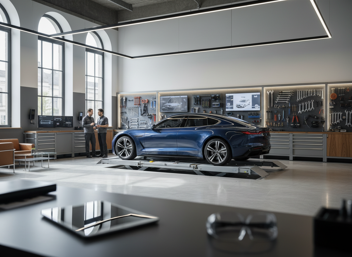 Modern premium automotive service workshop with a sleek car on a spotless lift bay